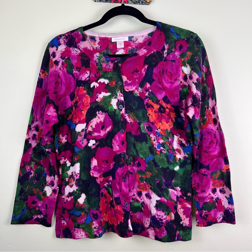 NWOT Garnet Hill Sz Large 100% Merino Wool Floral Pink Purple Light Cardigan